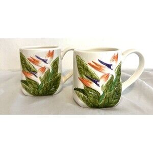 Vintage Otagiri Japan Mugs birds of paradise Tiki Coffee Cups square bottom MCM